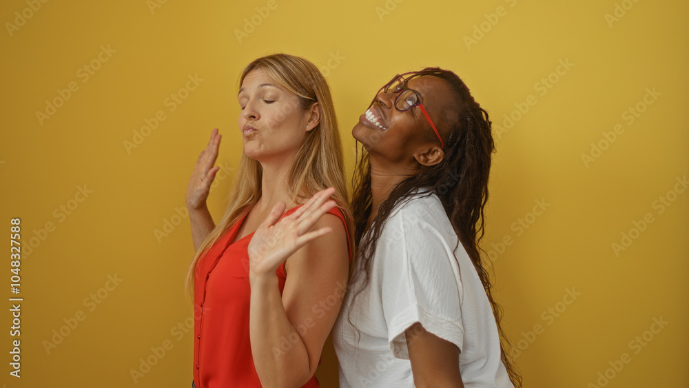Two women friends posing together against a yellow background, expressing joy and fun Two women friends posing together against a yellow background, expressing joy and fun