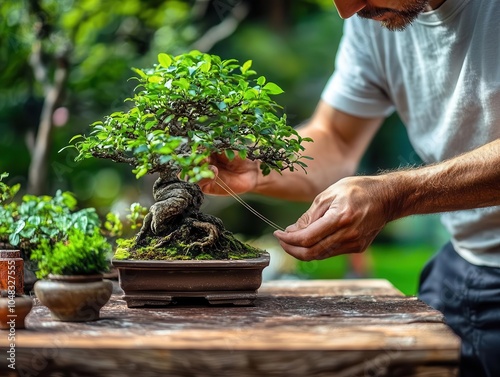 Close-up of hands pruning a bonsai tree.