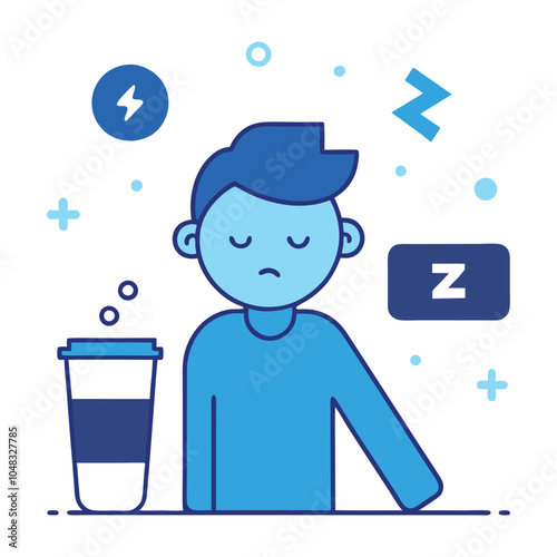 Blue Monday,  Tired Person with Coffee and Empty Battery Icon, Surrounded by Z's in a Simple Vector Design