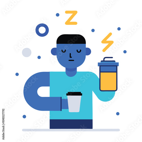 Blue Monday,  Tired Person with Coffee and Empty Battery Icon, Surrounded by Z's in a Simple Vector Design
