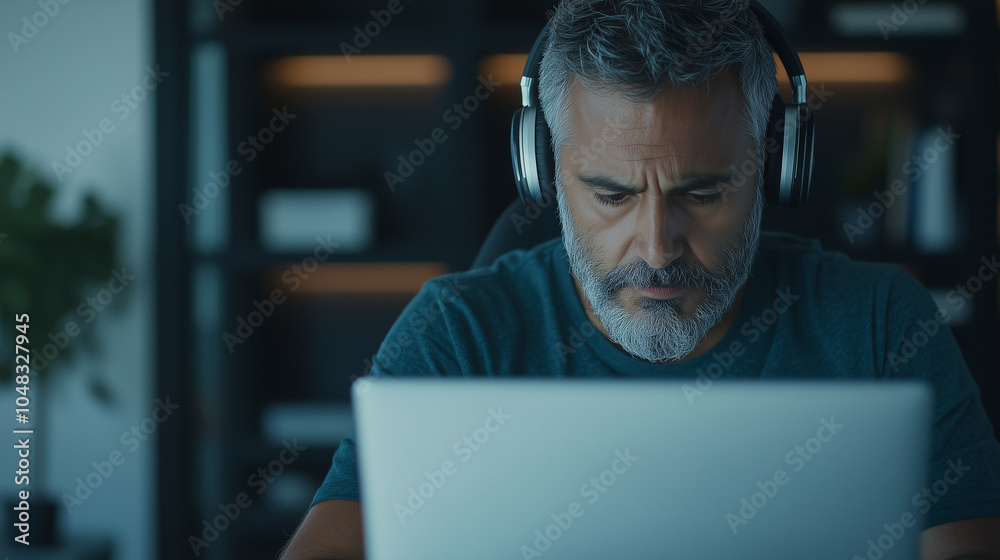 Focused Hispanic Man Wearing Headphones at Laptop in Office Setting Focused Hispanic Man Wearing Headphones at Laptop in Office Setting