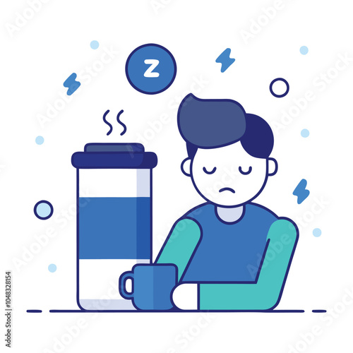 Blue Monday,  Tired Person with Coffee and Empty Battery Icon, Surrounded by Z's in a Simple Vector Design