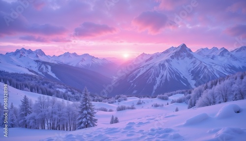 Dramatic Winter Mountain Sunset with Snow-Covered Peaks and Pink-Purple Sky