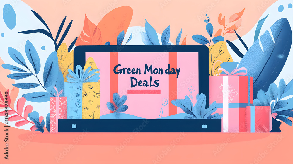 Naklejka premium Green Monday Deals are showcased on vibrant laptop screen surrounded by colorful gifts and tropical foliage, creating festive and inviting atmosphere
