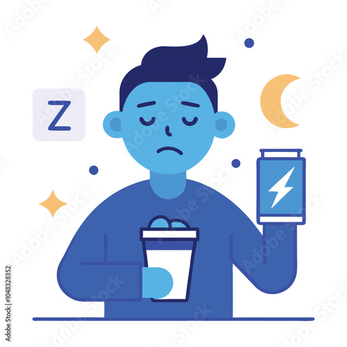 Blue Monday,  Tired Person with Coffee and Empty Battery Icon, Surrounded by Z's in a Simple Vector Design