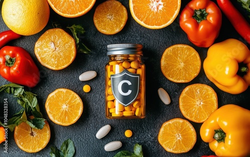 Vitamin C with Zinc: Close-up of Vitamin C and zinc tablets in a clear bottle, surrounded by fresh oranges, bell peppers, and a shield symbol for immunity support