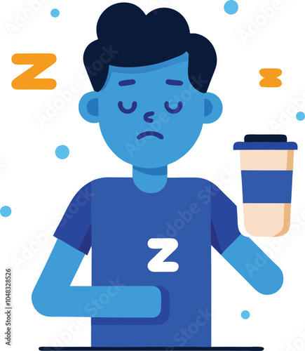 Blue Monday Tired Person with Coffee and Empty Battery Icon, Surrounded by Z's in a Simple Vector Design