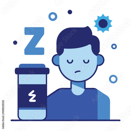 Blue Monday Tired Person with Coffee and Empty Battery Icon, Surrounded by Z's in a Simple Vector Design