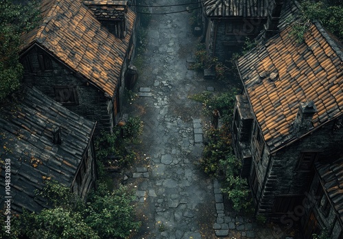 Aerial view of a misty, abandoned village with stone houses and overgrown vegetation.