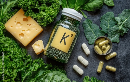 Vitamin K2 with D3: A close-up of Vitamin K2 and D3 capsules in a clear bottle, surrounded by cheese, leafy greens, and a bone health symbol to support bone and cardiovascular health 