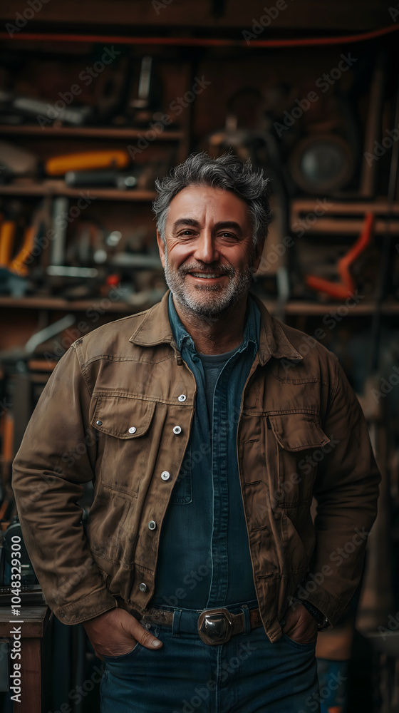 Carpenter in blue uniform and brown jacket standing in a carpentry shop with blurred tools in the background, looking at the camera. Labor Day