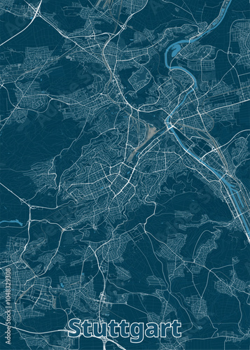 Map of Stuttgart, Germany, rendered in a minimalist style. The map is dominated by a deep blue background, with white lines representing roads, streets, and waterways.