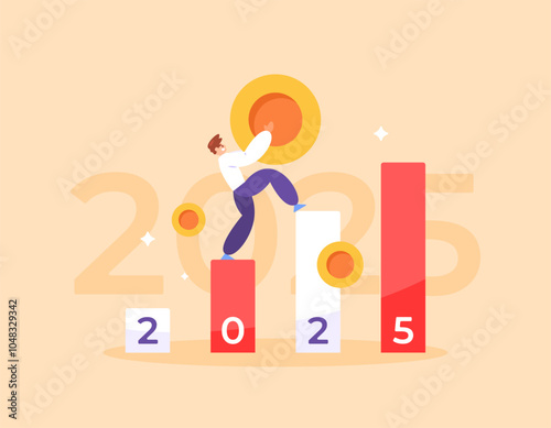 concept of business development and performance in 2025. increase in income, profits and sales in 2025. illustration of a businessman trying to continue to rise and be successful. up arrow. flat style