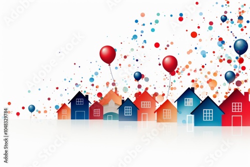 An illustration of colorful balloons flying away above charming houses, set against a simple white background.