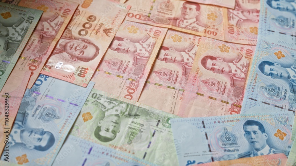 Obraz premium Thai baht banknotes, arranged closely together, feature prominently in this image depicting the currency of thailand.
