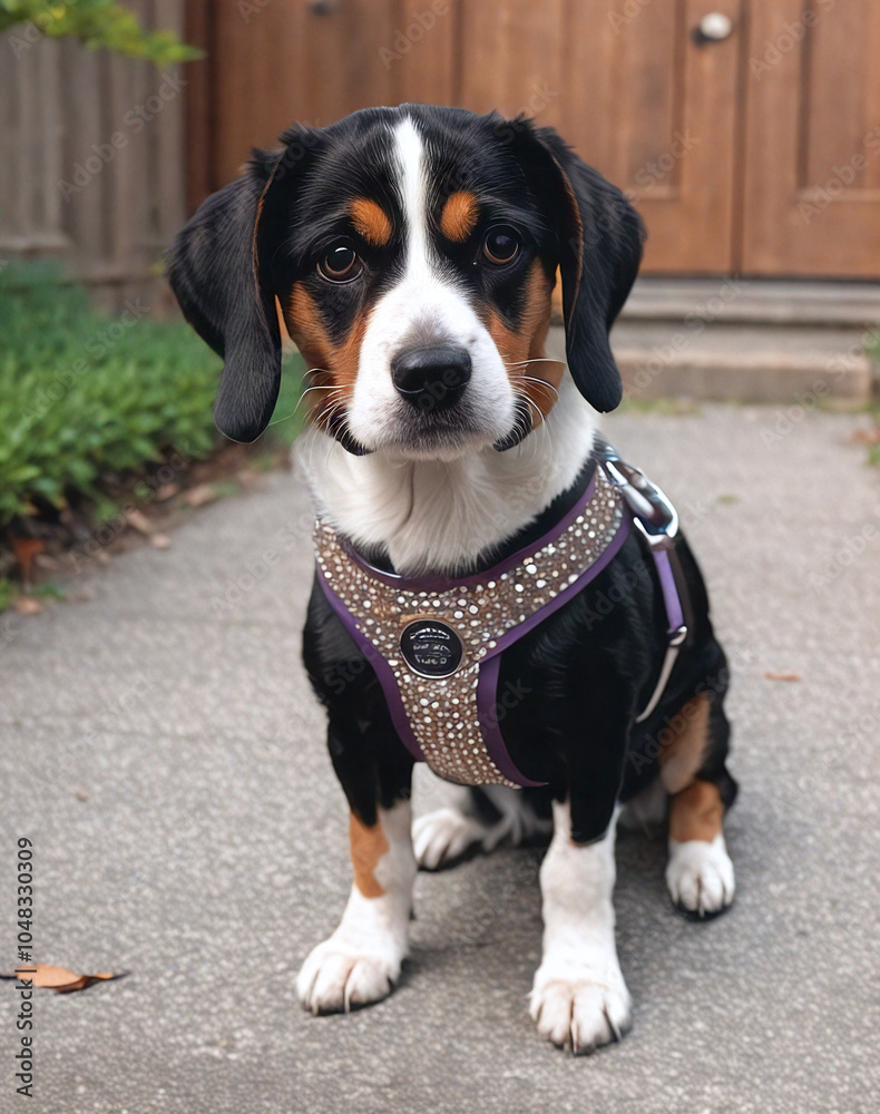 Dog. Beagle. .Dog in a beautiful harness. Leather, rhinestones.