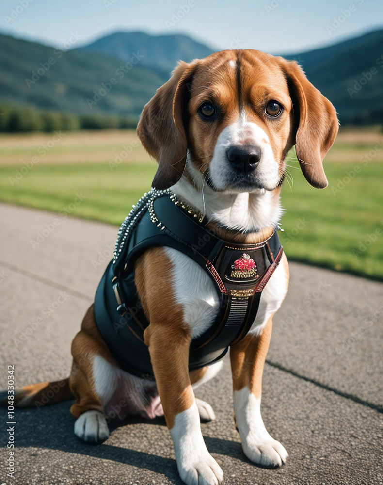 Dog. Beagle. .Dog in a beautiful harness. Leather, rhinestones. Dog. Beagle. .Dog in a beautiful harness. Leather, rhinestones.