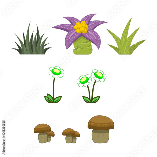 Set of various plants vector on platform game in cartoon style