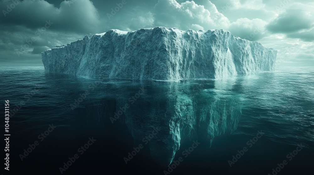 A massive iceberg floats in the ocean with only a small portion visible above the surface. A massive iceberg floats in the ocean with only a small portion visible above the surface.