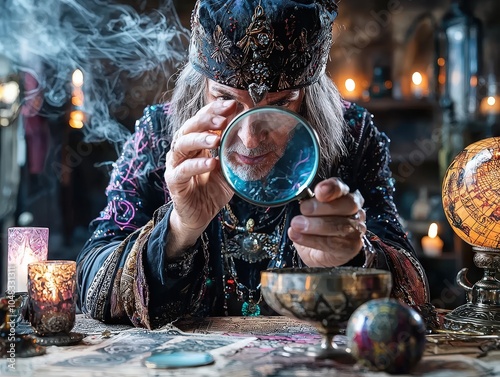 Fortune Teller Reading Palm with Magnifying Glass in Mysterious Setting