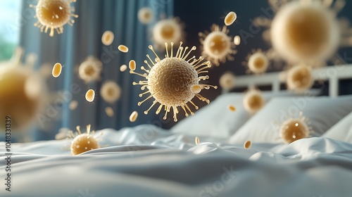 A conceptual image of allergen particles and dust mites floating above a bed, representing how their waste can be inhaled, triggering allergies. photo