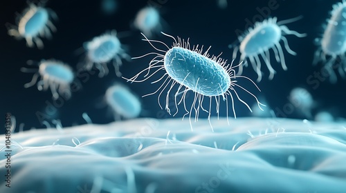 A conceptual image of allergen particles and dust mites floating above a bed, representing how their waste can be inhaled, triggering allergies. photo