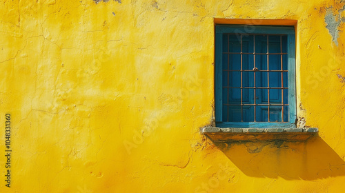 A yellow wall with a blue window