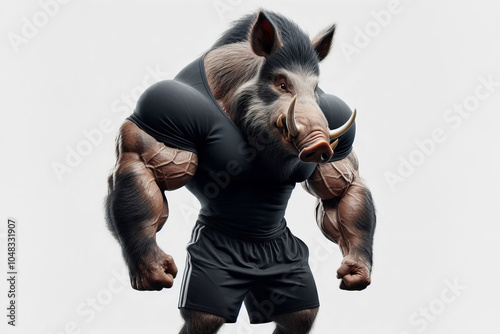 Anthropomorphic adult boar, very strong, showcasing strength in action, wearing athlete clothes, black t shirt , shorts, full body on white background, illustration, dynamic pose, powerful expression photo