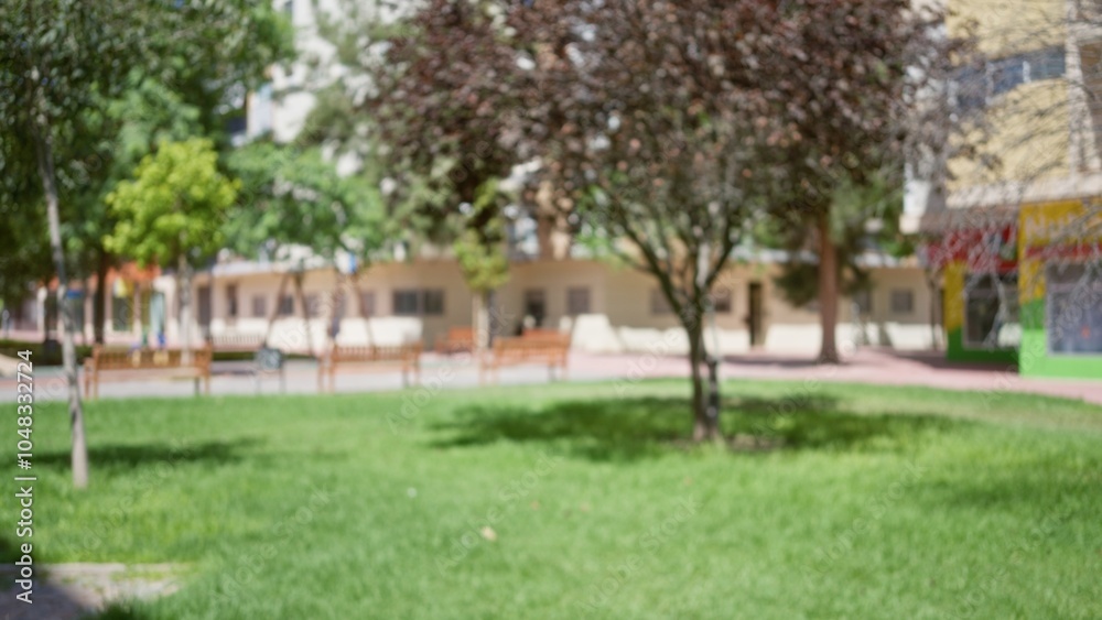 Defocused outdoor park scene with blurred background, green grass, and trees, evoking a tranquil atmosphere perfect for relaxation. Defocused outdoor park scene with blurred background, green grass, and trees, evoking a tranquil atmosphere perfect for relaxation.