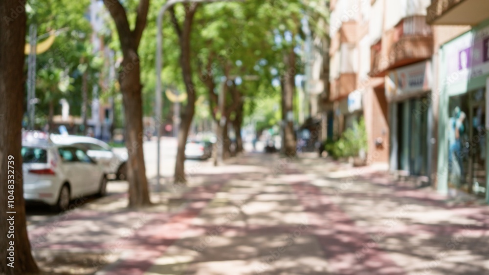 Fototapeta premium Defocused street view with blurred buildings and trees in a sunny outdoor urban area