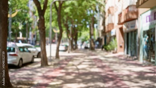 Defocused street view with blurred buildings and trees in a sunny outdoor urban area