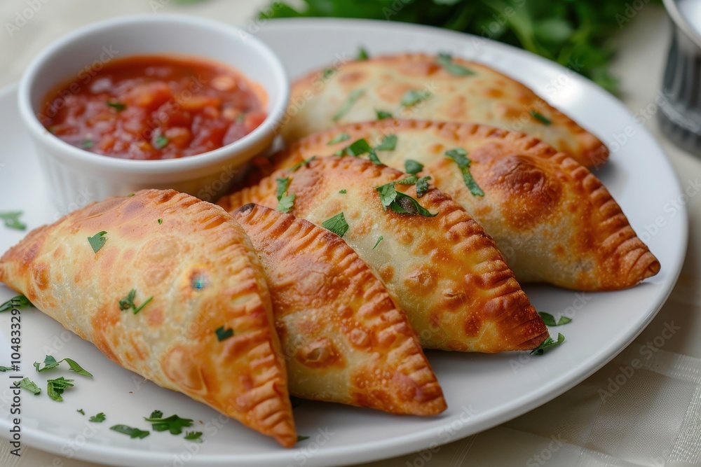 A serving of pastel, deep-fried pastry pockets filled with cheese, meat, or shrimp, served with a side of fresh salsa A serving of pastel, deep-fried pastry pockets filled with cheese, meat, or shrimp, served with a side of fresh salsa