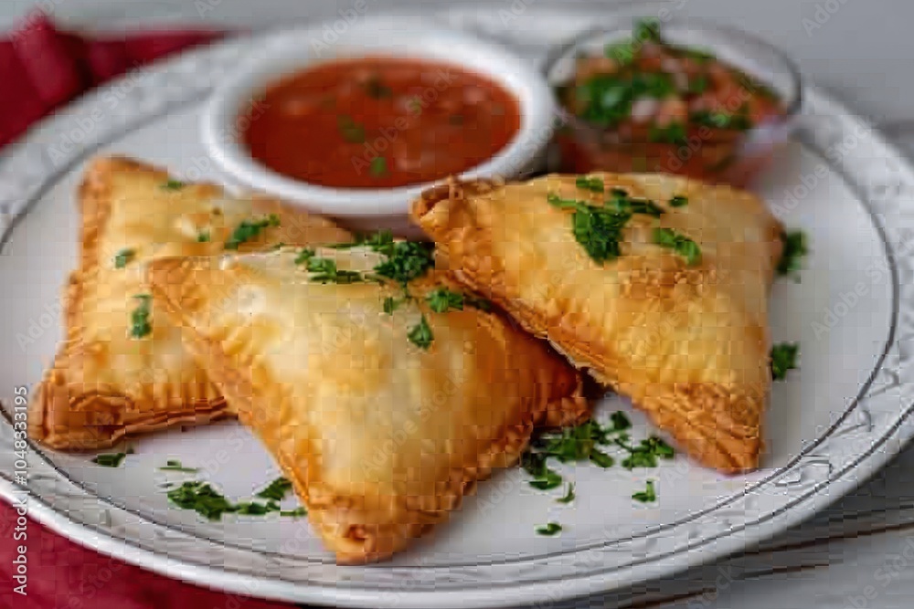 A serving of pastel, deep-fried pastry pockets filled with cheese, meat, or shrimp, served with a side of fresh salsa A serving of pastel, deep-fried pastry pockets filled with cheese, meat, or shrimp, served with a side of fresh salsa