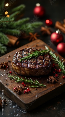 Beautifully styled grilled steak with herbs and festive decorations on wooden...