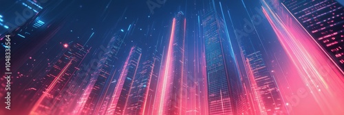 Vibrant city skyline at sunset featuring illuminated buildings and flowing di...