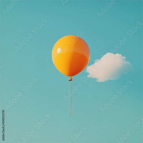 An orange balloon floating against a clear blue sky with fluffy white clouds ...