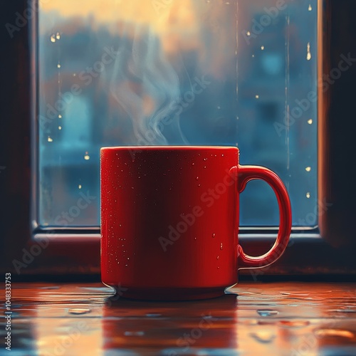 A steaming cup of coffee resting on a wooden table by the window on a rainy m...
