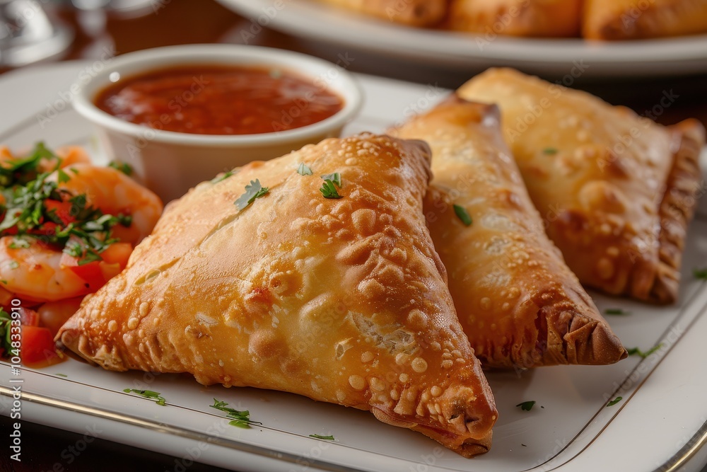 A serving of pastel, deep-fried pastry pockets filled with cheese, meat, or shrimp, served with a side of fresh salsa A serving of pastel, deep-fried pastry pockets filled with cheese, meat, or shrimp, served with a side of fresh salsa