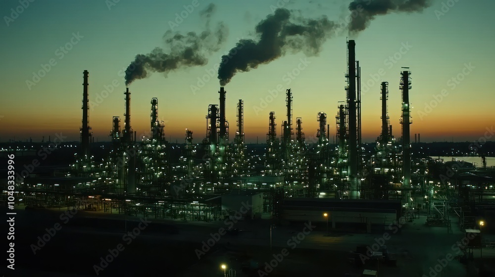An Industrial Complex at Dusk with Smoke Plumes and Lights An Industrial Complex at Dusk with Smoke Plumes and Lights