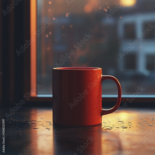 A steaming cup of coffee resting on a wooden table by the window on a rainy m...