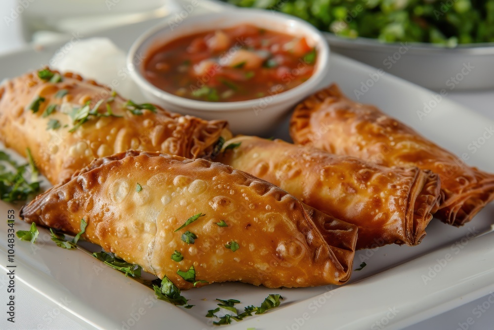 A serving of pastel, deep-fried pastry pockets filled with cheese, meat, or shrimp, served with a side of fresh salsa A serving of pastel, deep-fried pastry pockets filled with cheese, meat, or shrimp, served with a side of fresh salsa