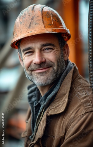 Smiling construction worker in safety gear poses on a building site during the day, showcasing a friendly demeanor amidst the equipment and machinery