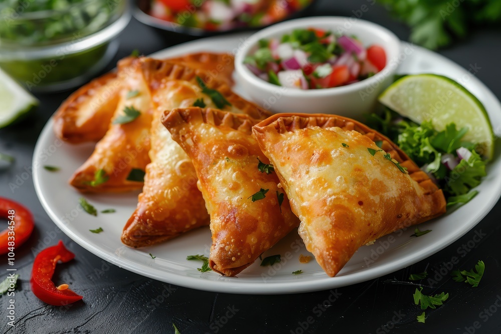 A serving of pastel, deep-fried pastry pockets filled with cheese, meat, or shrimp, served with a side of fresh salsa