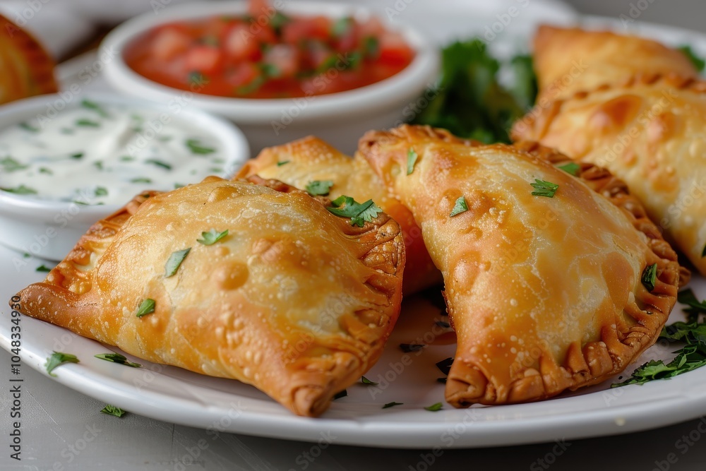 A serving of pastel, deep-fried pastry pockets filled with cheese, meat, or shrimp, served with a side of fresh salsa A serving of pastel, deep-fried pastry pockets filled with cheese, meat, or shrimp, served with a side of fresh salsa