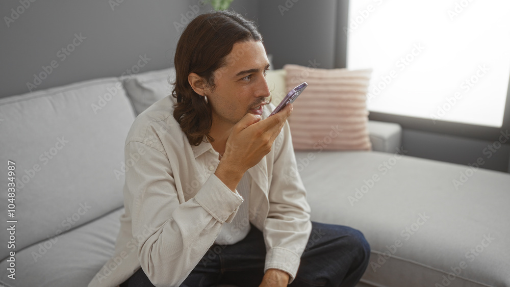 Young man with long hair using a smartphone for voice commands while sitting on a couch in a modern living room Young man with long hair using a smartphone for voice commands while sitting on a couch in a modern living room