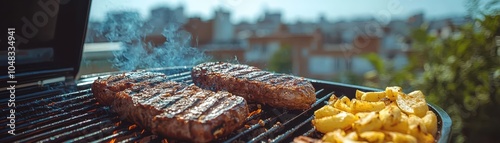 Grilled steaks and golden potatoes on a barbecue, set against a vibrant outdoor backdrop, showcasing a perfect summer cooking scene.