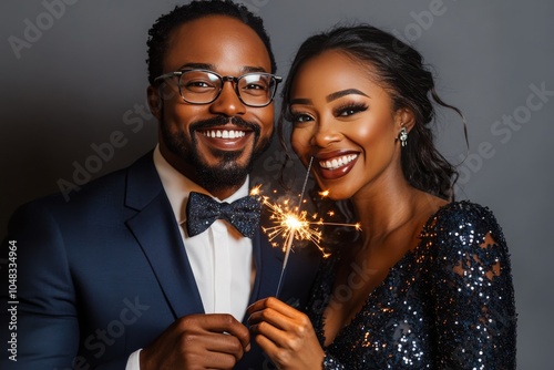 Couple celebrating with a sparkler in stylish attire during a festive occasio...