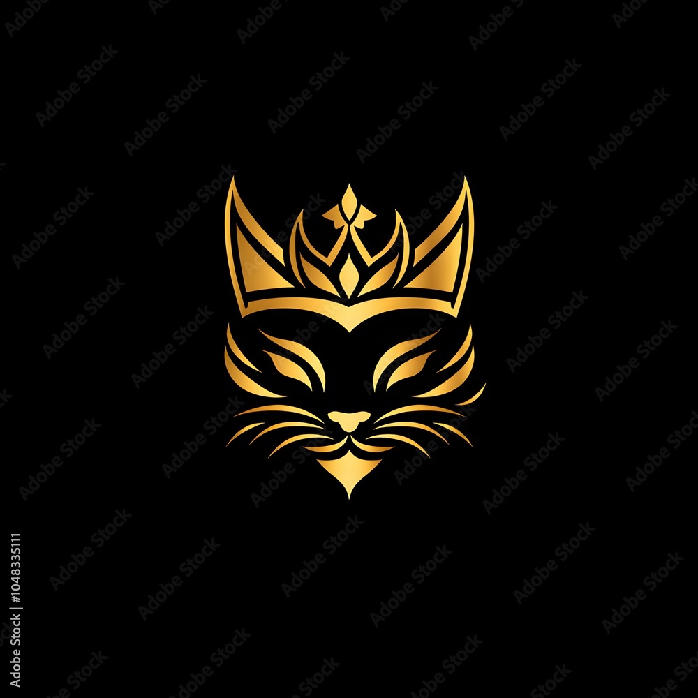 A stylish golden cat face with a crown logo design set against a black background, symbolizing elegance and majesty. A stylish golden cat face with a crown logo design set against a black background, symbolizing elegance and majesty.