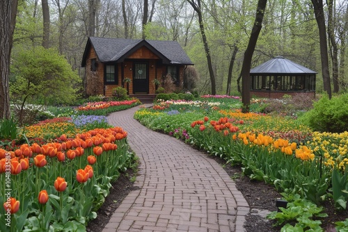 Cozy cottage surrounded by vibrant tulip gardens in springtime bloom