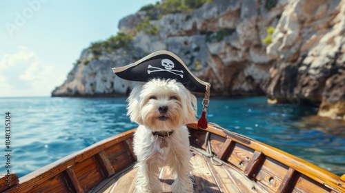 A small dog wearing a pirate hat enjoys a boat ride on a sunny day surrounded by stunning coastal cliffs and clear blue water photo